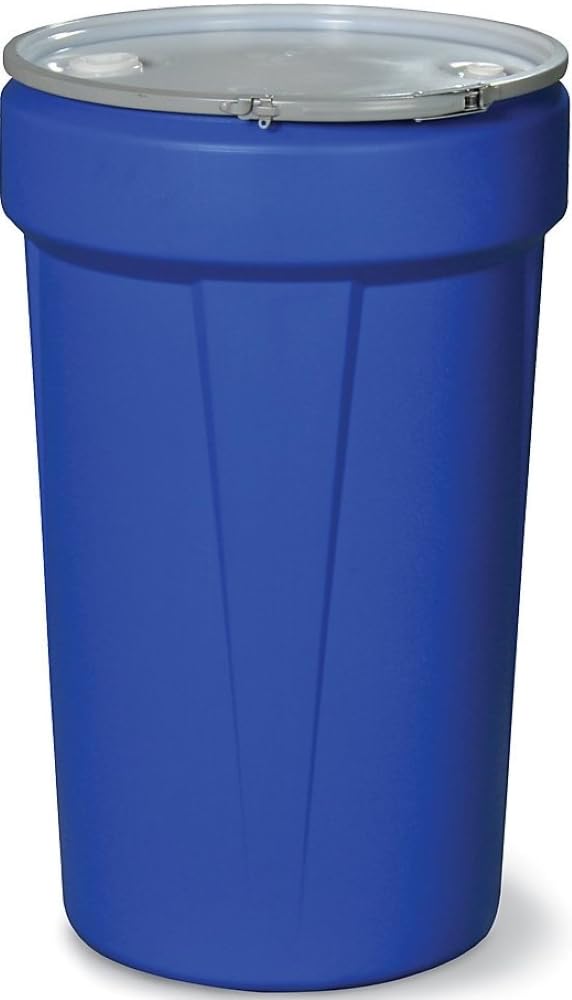 Eagle 30 Gallon Plastic Drum with Lid, Metal Lever-Lock, 28.5"x21.1", Open Head Lab Pack Drum Made of Durable, Lightweight HDPE, Withstands Weather and Chemicals, Made in USA, Blue, 1601MB