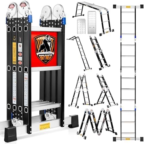 Bryner 7-in-1 Multi-Purpose Aluminium Extension Ladder, 12Ft Folding Adjustable Telescoping Step Ladder, Heavy Duty, 330lbs Load Capacity, Black Rubber Feet