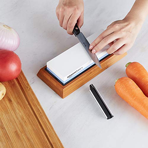 Amazon Basics Whetstone Knife Sharpening Wet Stone Dual Sided 400/1000 Grit with Non-Slip 1 Pc, Bamboo Base, Black & Grey
