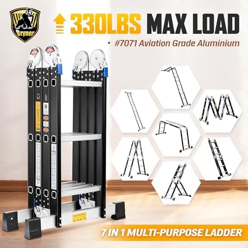 Bryner 7-in-1 Multi-Purpose Aluminium Extension Ladder, 12Ft Folding Adjustable Telescoping Step Ladder, Heavy Duty, 330lbs Load Capacity, Black Rubber Feet