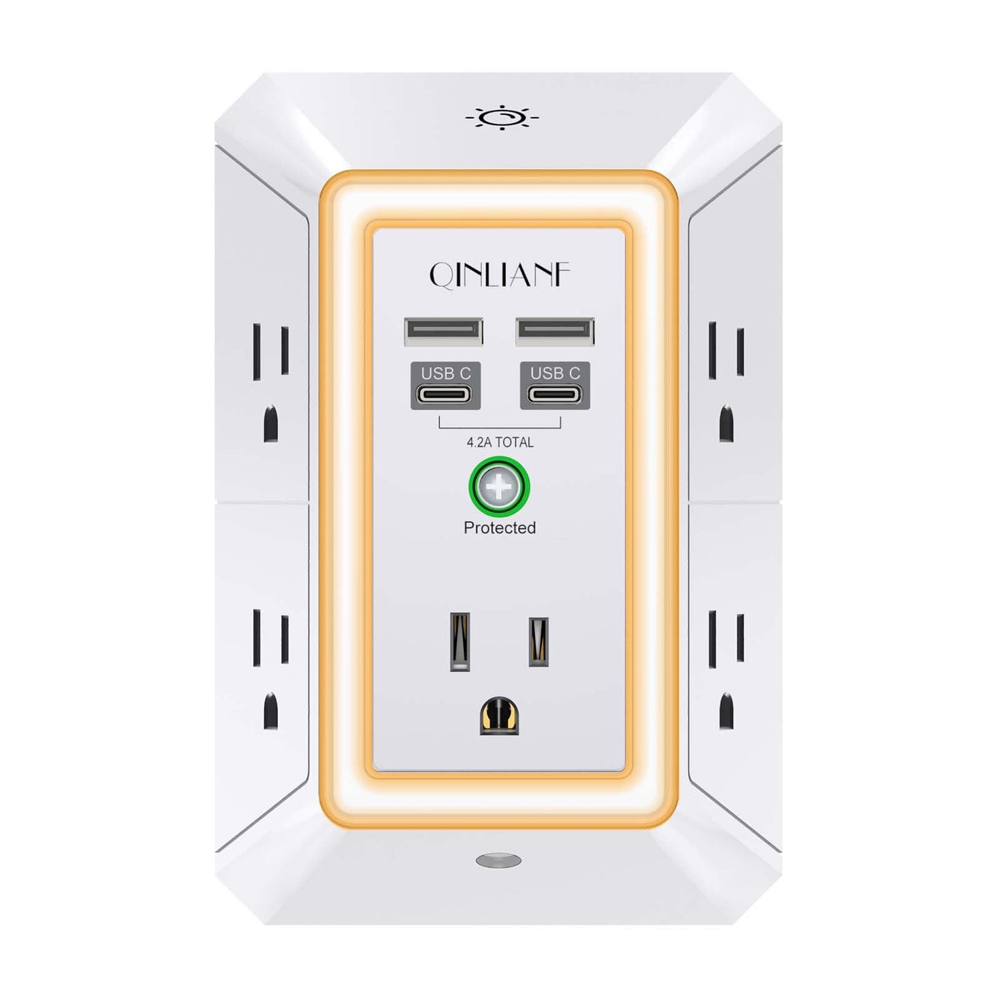 Wall Charger, Surge Protector, QINLIANF 5 Outlet Extender with 4 USB Charging Ports (4.8A Total) 3-Sided 1680J Power Strip Multi Plug Adapter Spaced for Home Travel Office (3U1C)