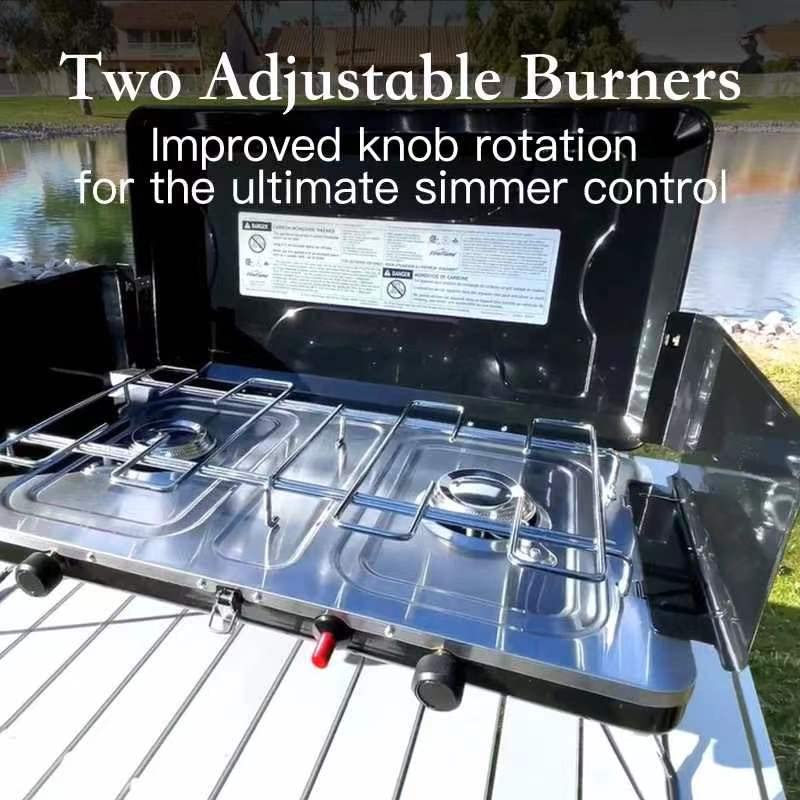 Camping Stove, 3 Burners Propane Portable Camp Stove with Regulator, Push-Button Instant Ignition, Adjustable Burners & Wind Guards for Car BBQ Picnics Outdoor Cooking (BEIGE-20400 BTUs)