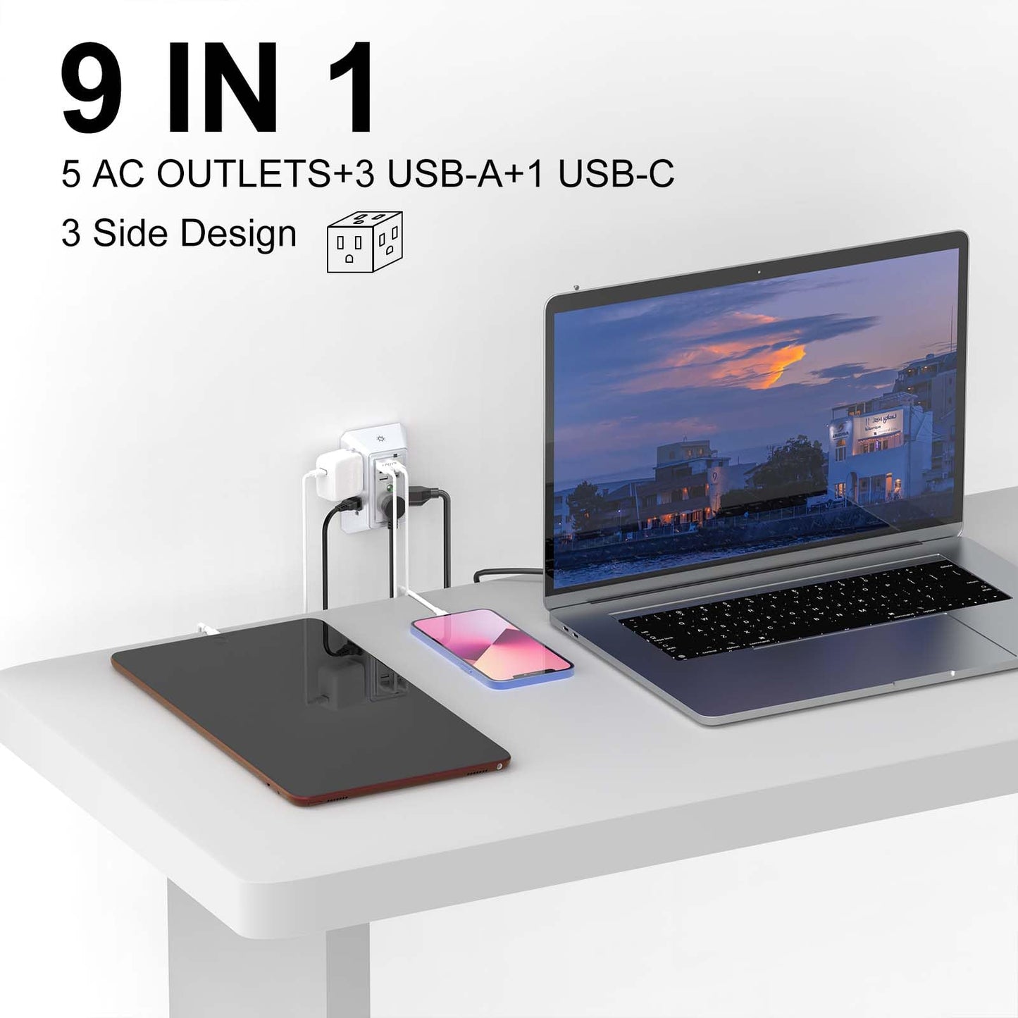 Wall Charger, Surge Protector, QINLIANF 5 Outlet Extender with 4 USB Charging Ports (4.8A Total) 3-Sided 1680J Power Strip Multi Plug Adapter Spaced for Home Travel Office (3U1C)