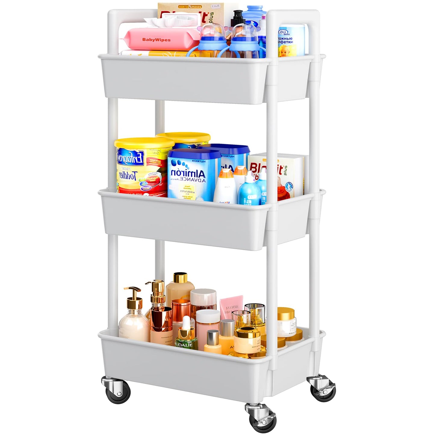 Pipishell 3 Tier Rolling Cart Organizer, Plastic Rolling Cart with Lockable Wheels & Reinforced Handle, Lightweight Utility Cart Storage Cart for Nursery, Kitchen, Bathroom, Craft Room, White, PIUC14W
