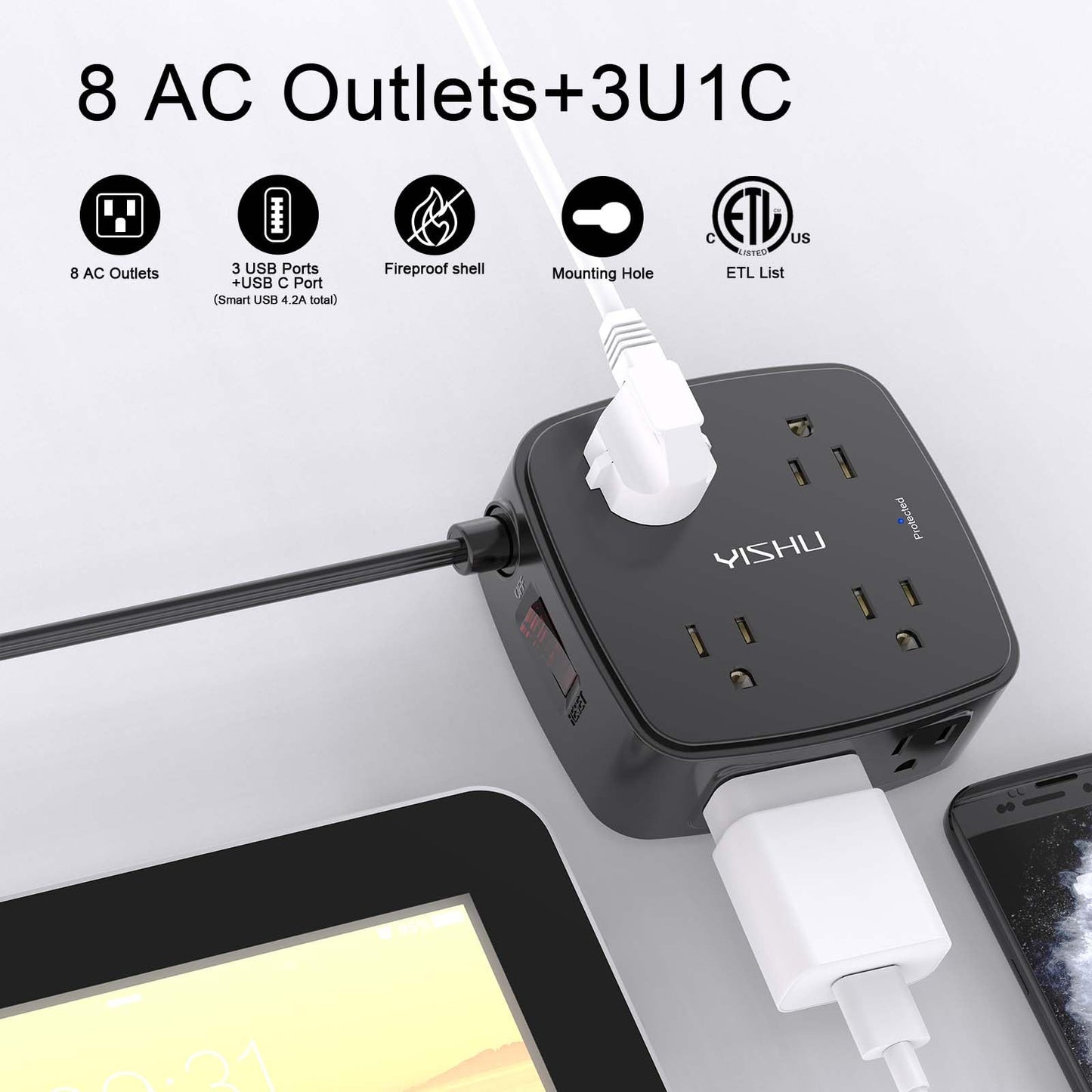 6 Ft Surge Protector Power Strip - 8 Widely Outlets with 4 USB Ports, 3 Side Outlet Extender with 6 Feet Extension Cord, Flat Plug, Wall Mount, Desk USB Charging Station, ETL,White