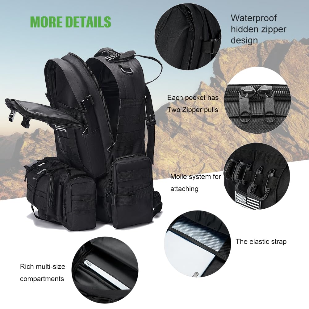 Large Military Tactical Backpack for Men, 40-50L Backpacks for Women, Bug out Bag Army 3 Days Assault Pack Bags Rucksack with Molle System Black Camouflage-2