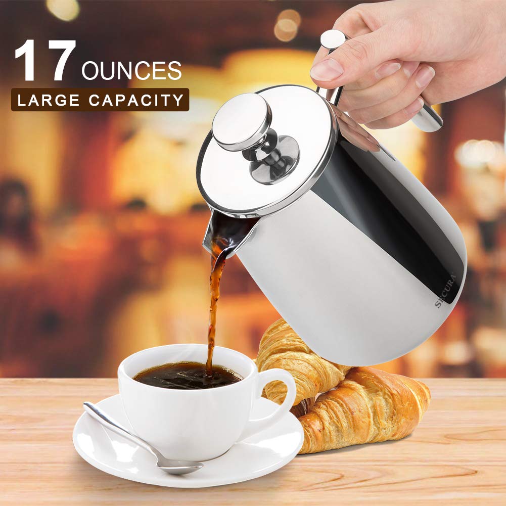 Secura French Press Coffee Maker, 50-Ounce, 304 Stainless Steel Insulated Coffee Press with Extra Screen