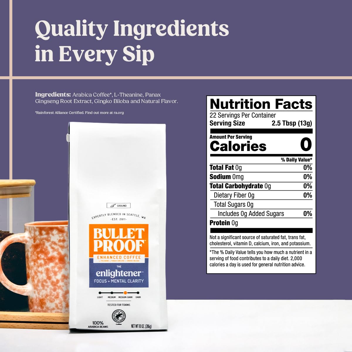 Bulletproof The High Achiever Ground Coffee, 10 Ounces, Medium-Dark Roast Enhanced Coffee with Lion's Mane Mushroom, B Vitamins, and Adaptogens for Energy and Focus