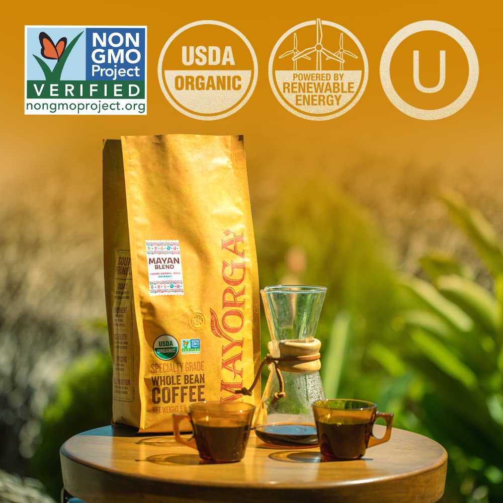 Mayorga Organic Coffee 2lb Mayan Blend - Medium Roast Whole Bean Coffee Specialty Grade, 100% Arabica, Slow Roasted, Chocolate and Floral Flavor with Low Acidity - USDA Organic, Non-GMO, Kosher
