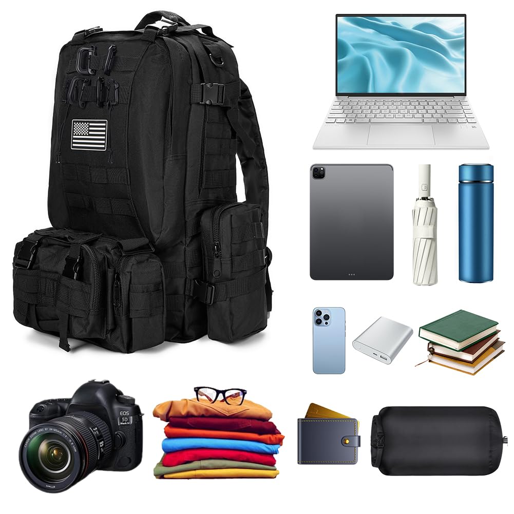 Large Military Tactical Backpack for Men, 40-50L Backpacks for Women, Bug out Bag Army 3 Days Assault Pack Bags Rucksack with Molle System Black Camouflage-2