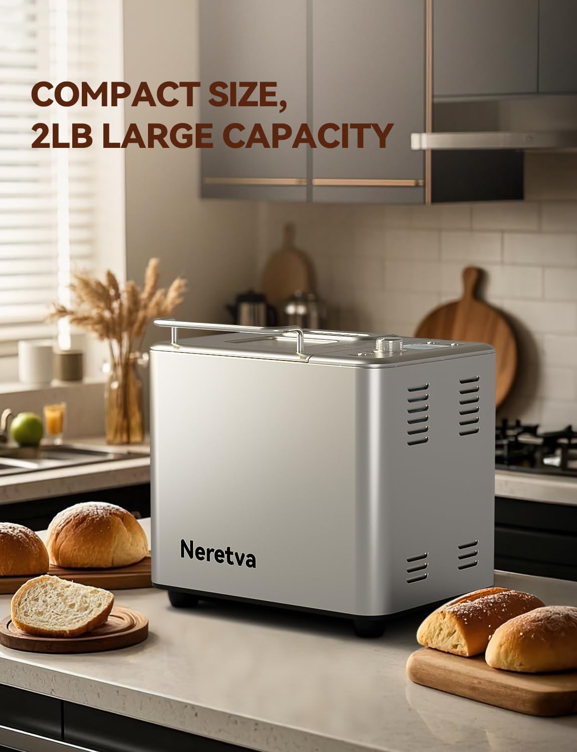 Neretva 20-IN-1 Bread Maker, Dual Heater 2LB Bread Machine Stainless Steel Bread Maker Machine Nonstick Ceramic Pan Compact for Gluten Free/Sourdough/Whole Wheat Bread/Yogurt, Breadmaker Recipe-Green