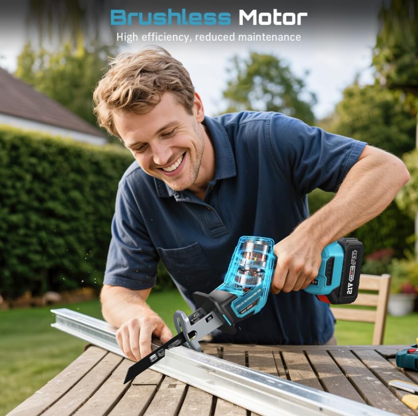 Seesii Reciprocating Saw Cordless, Variable Speed 3500 RPM Brushless Motor with 8 Saw Blades, 2 x 4.0Ah Batteries, LED Light, Tool‑Free Blade Change, Portable for Wood PVC Cutting
