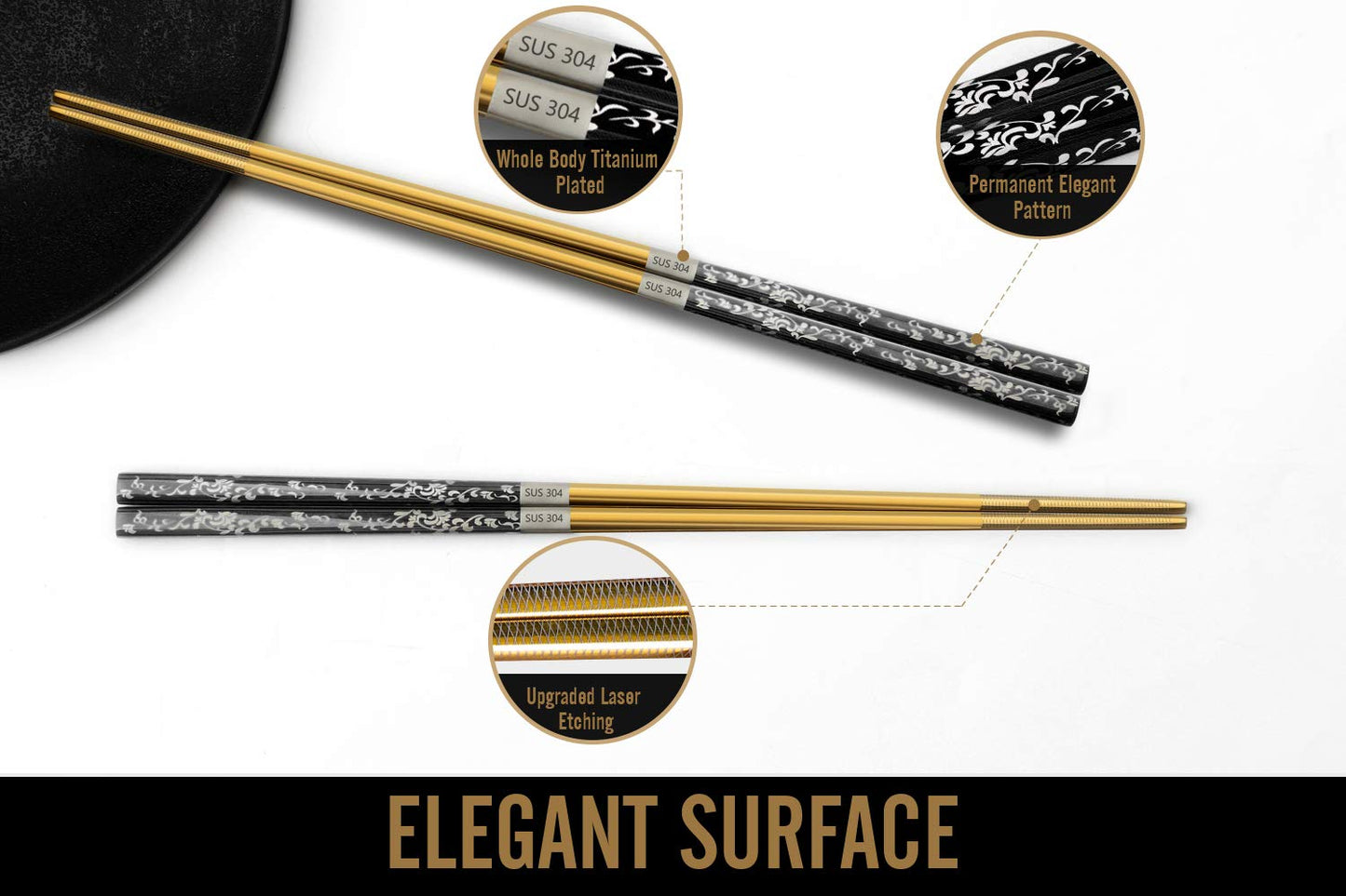 Titanium Plated Chopstick Stainless Steel Chopsticks Metal Chopsticks Reusable Dishwasher safe Premium Laser Engraved Chop Sticks for Eating 2 Pairs Gift Set Blue Silver