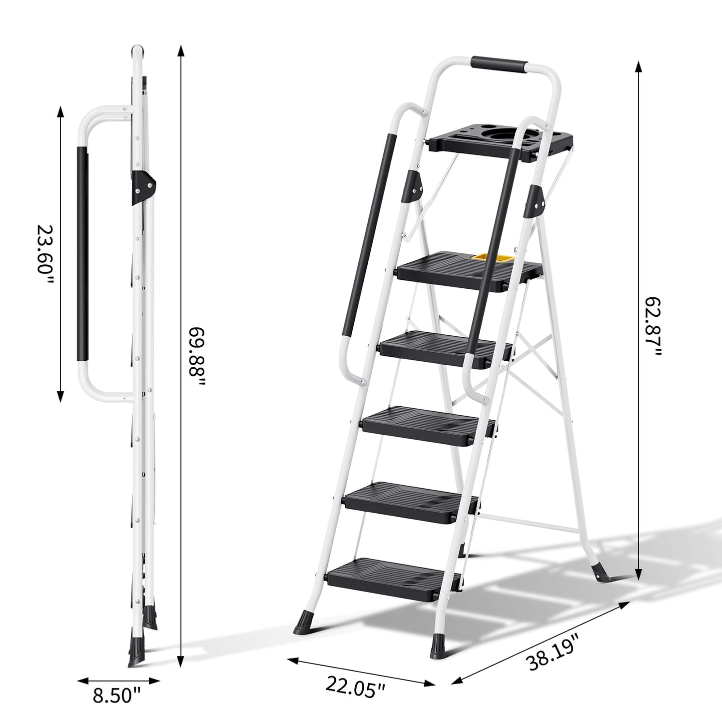KINGRACK 4 Step Folding Ladder, 800lbs Capacity Step Stool with Safety Lock, Non-Skid Wide Pedals, and Handrail, Lightweight, Household Ladder for Home, Kitchen, Pantry, Closets, and Office Use, White
