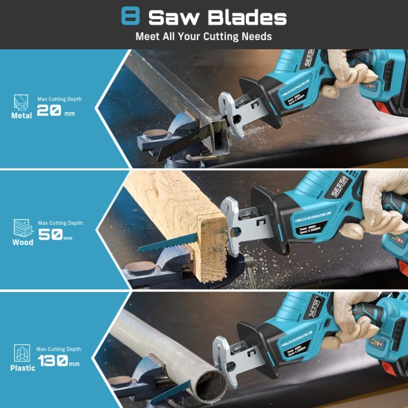 Seesii Reciprocating Saw Cordless, Variable Speed 3500 RPM Brushless Motor with 8 Saw Blades, 2 x 4.0Ah Batteries, LED Light, Tool‑Free Blade Change, Portable for Wood PVC Cutting