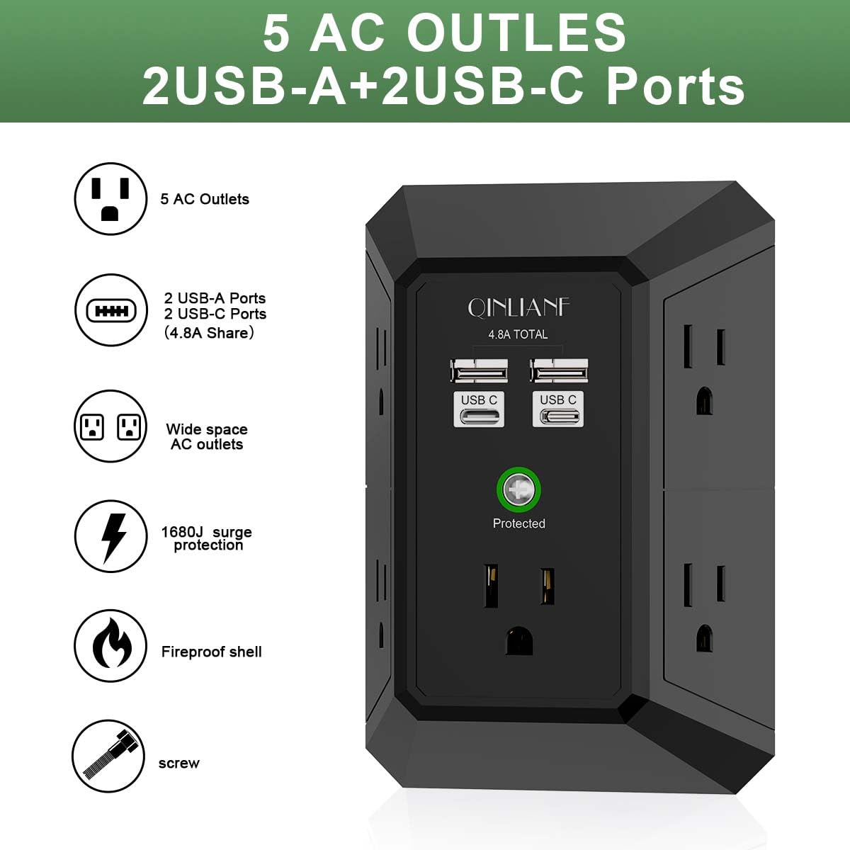 Wall Charger, Surge Protector, QINLIANF 5 Outlet Extender with 4 USB Charging Ports (4.8A Total) 3-Sided 1680J Power Strip Multi Plug Adapter Spaced for Home Travel Office (3U1C)