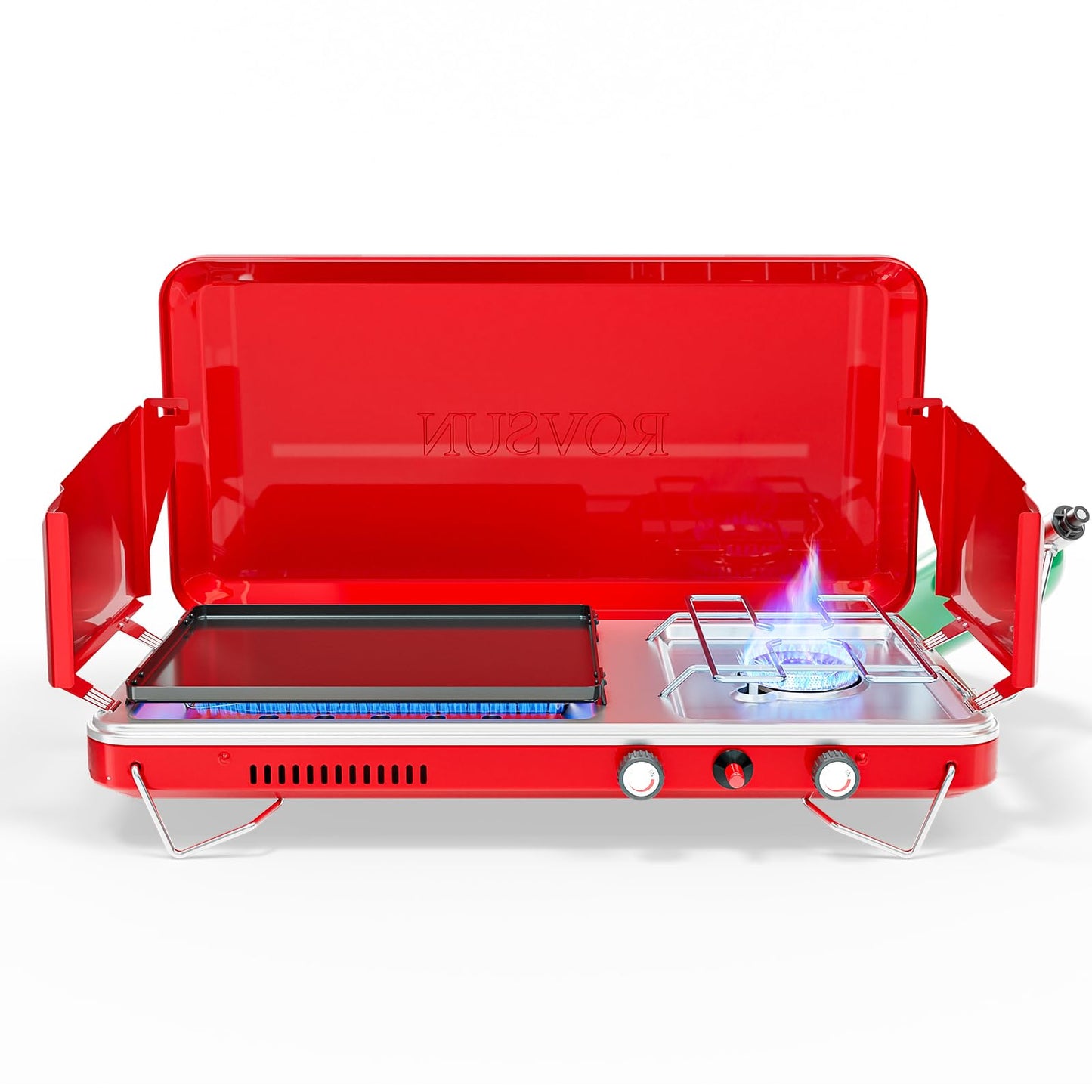 ROVSUN 2-in-1 Portable Camping Stove & Propane Oven with Piezo Igniter, 2 Burner Stove & Outdoor Oven with Adjustable Fire, Thermometer, Wind Panel & Regulator for Traveling, Tailgating (Black)