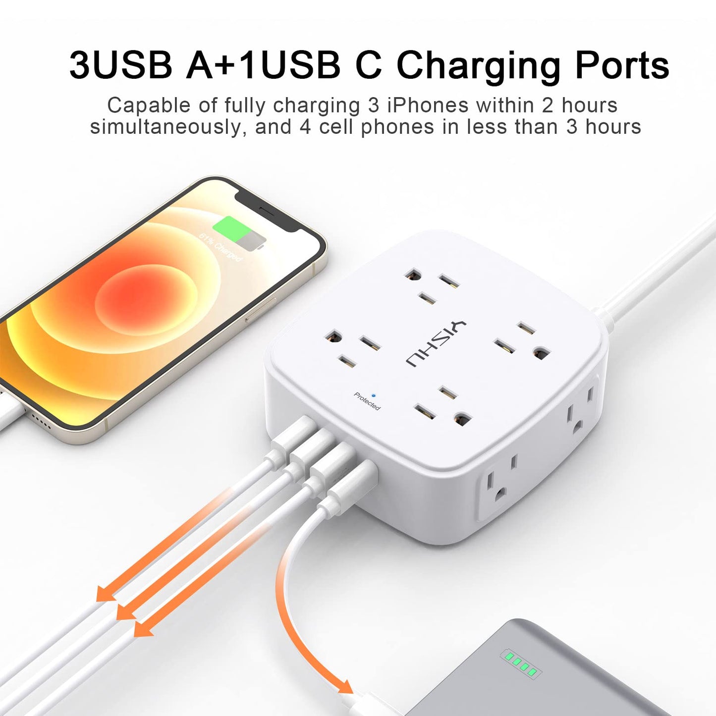 6 Ft Surge Protector Power Strip - 8 Widely Outlets with 4 USB Ports, 3 Side Outlet Extender with 6 Feet Extension Cord, Flat Plug, Wall Mount, Desk USB Charging Station, ETL,White