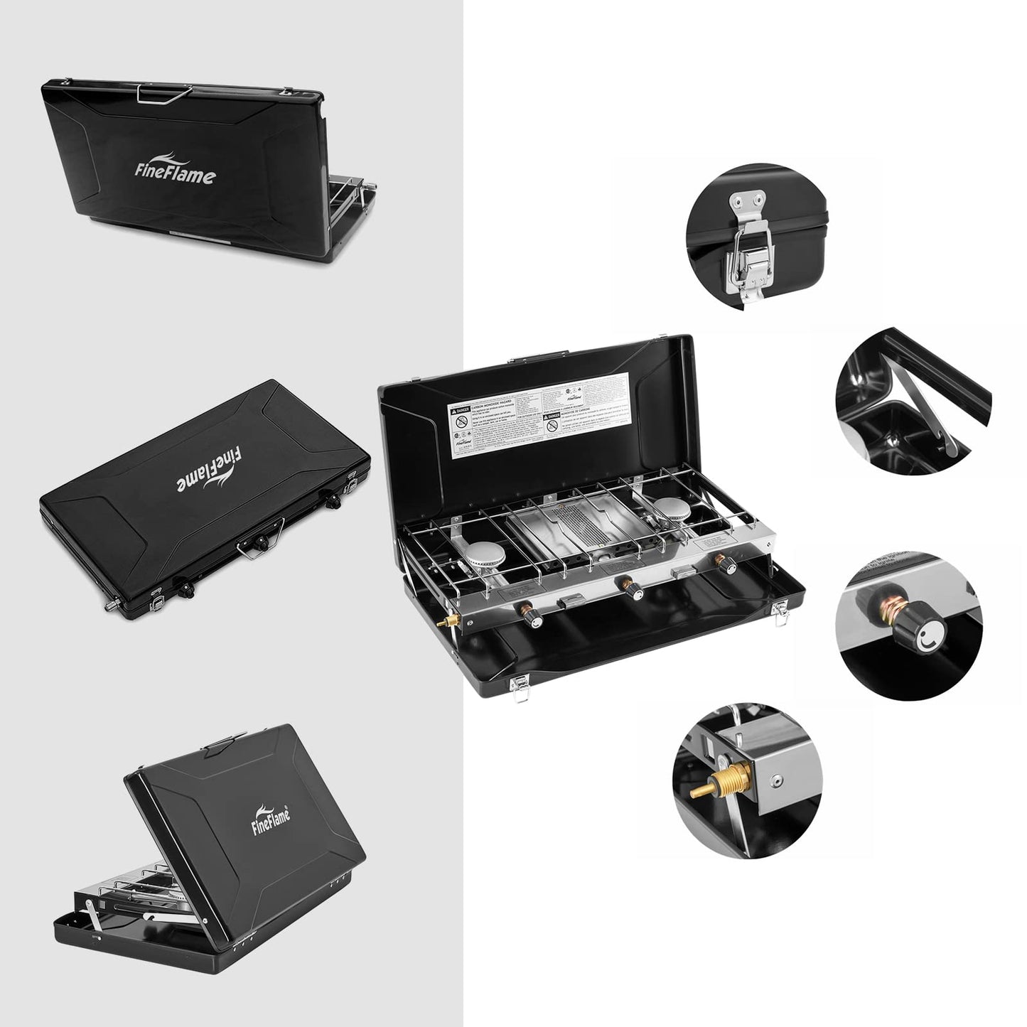 Camping Stove, 3 Burners Propane Portable Camp Stove with Regulator, Push-Button Instant Ignition, Adjustable Burners & Wind Guards for Car BBQ Picnics Outdoor Cooking (BEIGE-20400 BTUs)