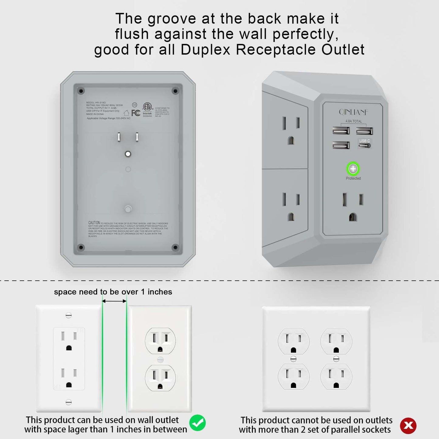 Wall Charger, Surge Protector, QINLIANF 5 Outlet Extender with 4 USB Charging Ports (4.8A Total) 3-Sided 1680J Power Strip Multi Plug Adapter Spaced for Home Travel Office (3U1C)