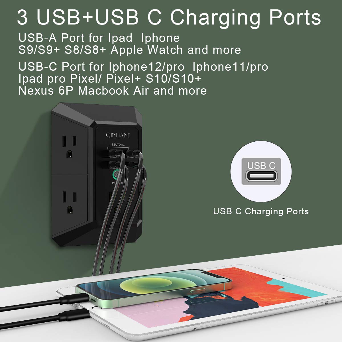 Wall Charger, Surge Protector, QINLIANF 5 Outlet Extender with 4 USB Charging Ports (4.8A Total) 3-Sided 1680J Power Strip Multi Plug Adapter Spaced for Home Travel Office (3U1C)