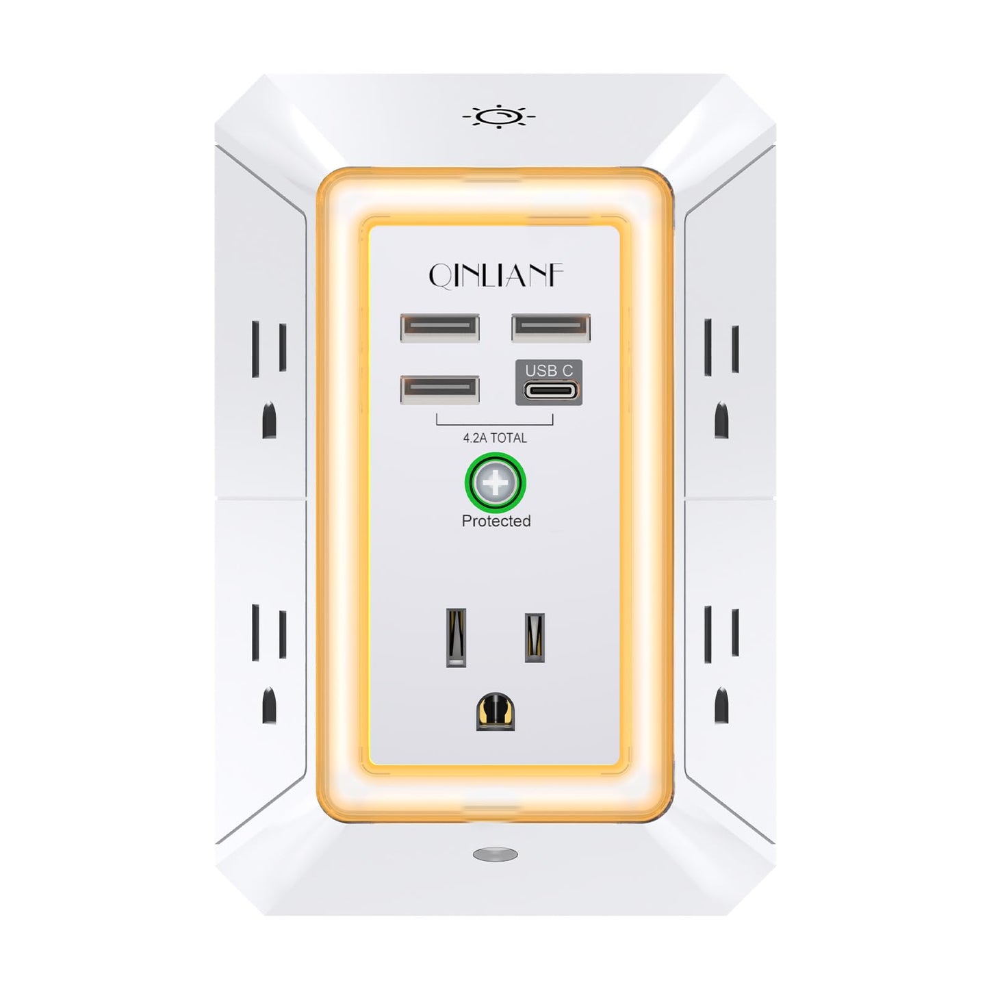 Wall Charger, Surge Protector, QINLIANF 5 Outlet Extender with 4 USB Charging Ports (4.8A Total) 3-Sided 1680J Power Strip Multi Plug Adapter Spaced for Home Travel Office (3U1C)