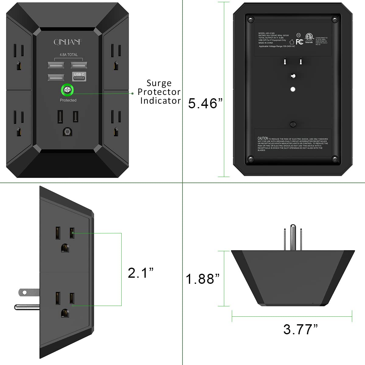 Wall Charger, Surge Protector, QINLIANF 5 Outlet Extender with 4 USB Charging Ports (4.8A Total) 3-Sided 1680J Power Strip Multi Plug Adapter Spaced for Home Travel Office (3U1C)