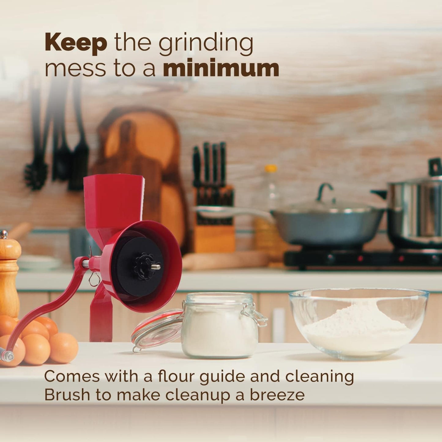 WONDERMILL Manual Hand Grain Mill Red Wonder Junior Deluxe for Dry and Oily Grains - Kitchen Flour Mill, Grain Mill Hand Crank and Spice, Corn, Wheat Stone Mill Grinder