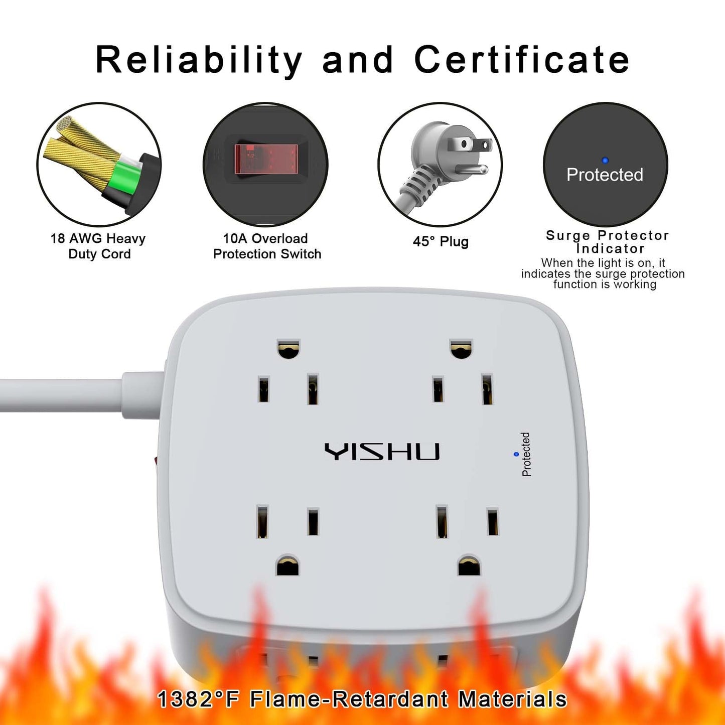 6 Ft Surge Protector Power Strip - 8 Widely Outlets with 4 USB Ports, 3 Side Outlet Extender with 6 Feet Extension Cord, Flat Plug, Wall Mount, Desk USB Charging Station, ETL,White