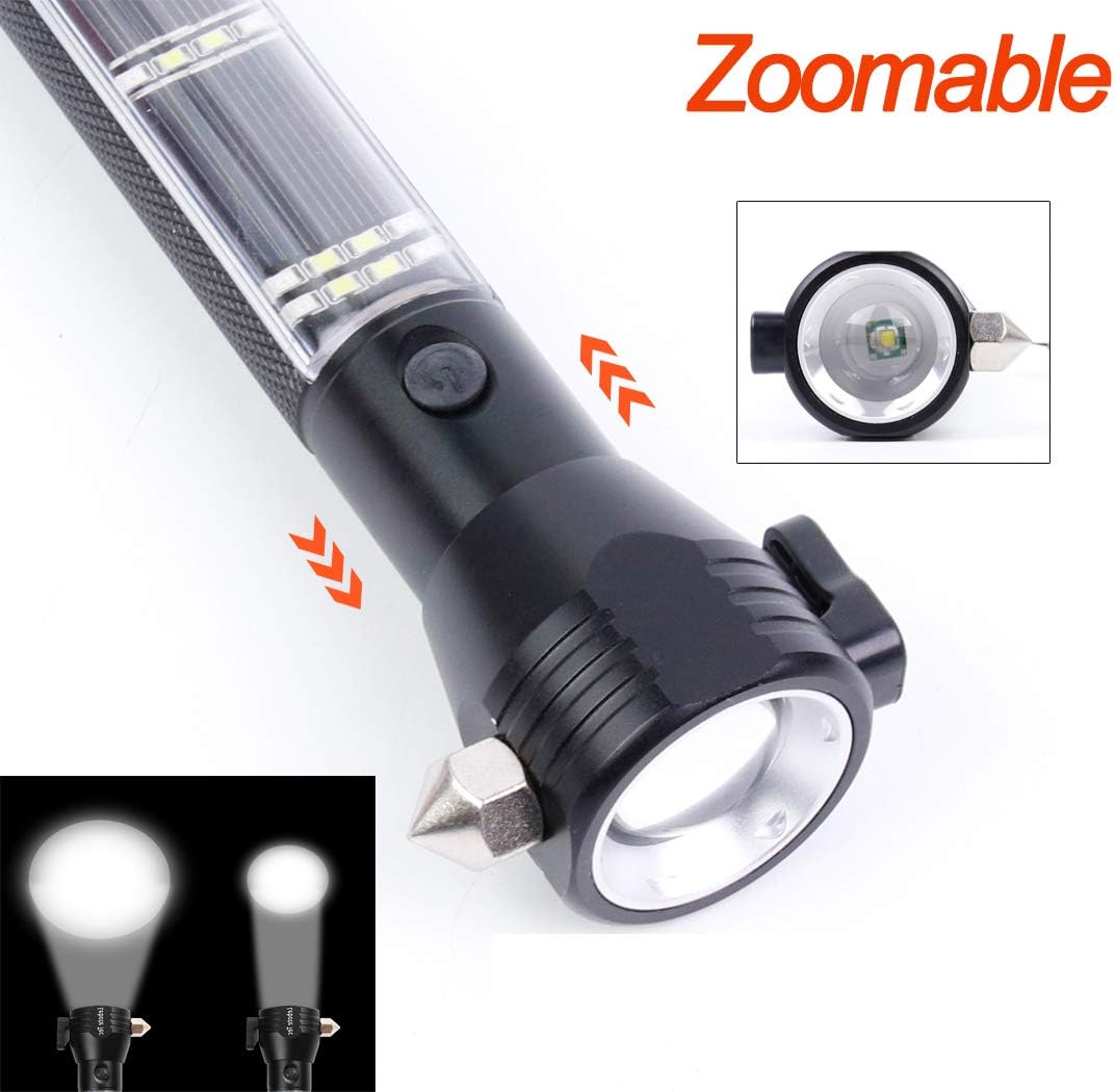 Lebote Car Flashlight Solar Power Tactical Flashlight Multi Function Flashlight Bright LED Emergency Torch Light With Safety Hammer Seat Belt Cutter Compass For Hiking Camping