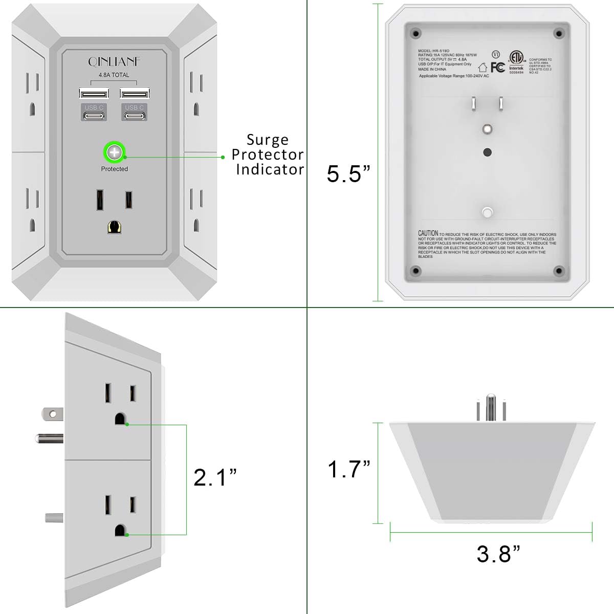 Wall Charger, Surge Protector, QINLIANF 5 Outlet Extender with 4 USB Charging Ports (4.8A Total) 3-Sided 1680J Power Strip Multi Plug Adapter Spaced for Home Travel Office (3U1C)