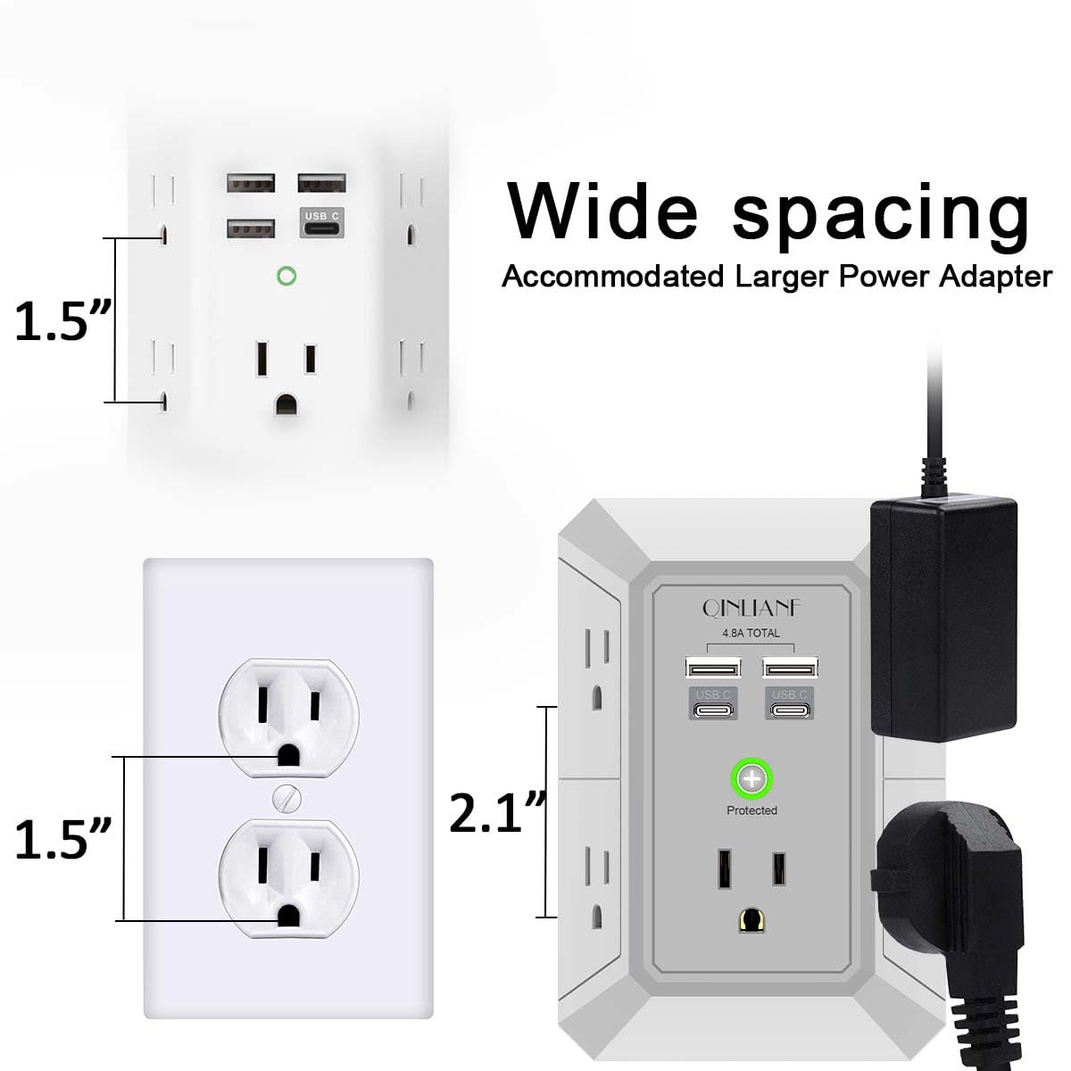 Wall Charger, Surge Protector, QINLIANF 5 Outlet Extender with 4 USB Charging Ports (4.8A Total) 3-Sided 1680J Power Strip Multi Plug Adapter Spaced for Home Travel Office (3U1C)