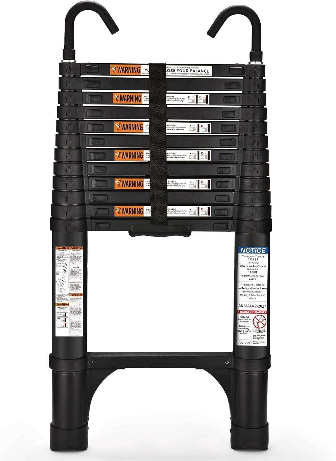 Telescoping Ladder, SocTone 12.5 FT Aluminum Lightweight Extension Ladder with 2 Triangle Stabilizers, Heavy Duty 330lbs Max Capacity, Multi-Purpose Collapsible Ladder for RV or Outdoor Work