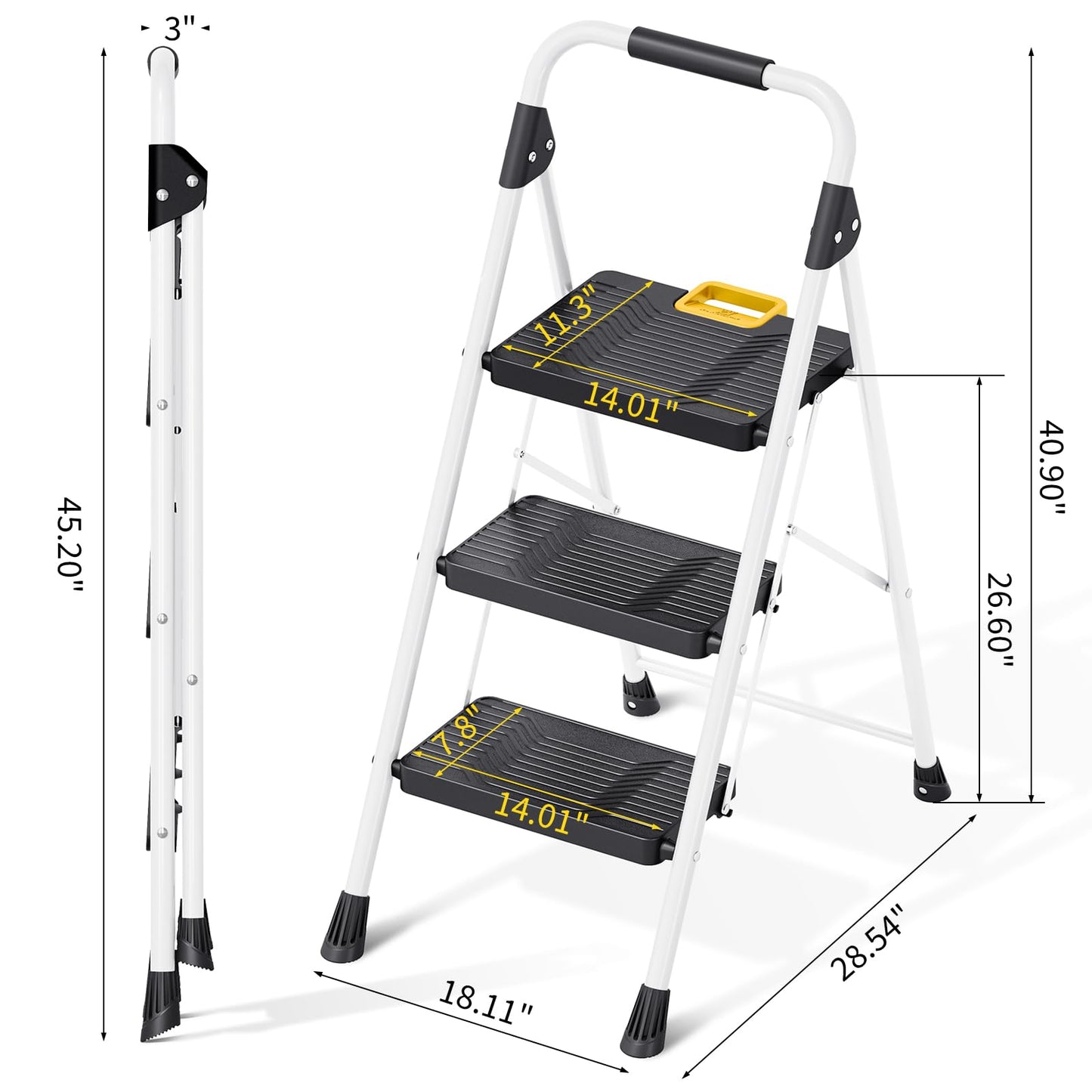 KINGRACK 4 Step Folding Ladder, 800lbs Capacity Step Stool with Safety Lock, Non-Skid Wide Pedals, and Handrail, Lightweight, Household Ladder for Home, Kitchen, Pantry, Closets, and Office Use, White