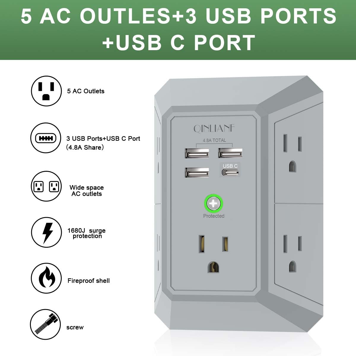 Wall Charger, Surge Protector, QINLIANF 5 Outlet Extender with 4 USB Charging Ports (4.8A Total) 3-Sided 1680J Power Strip Multi Plug Adapter Spaced for Home Travel Office (3U1C)