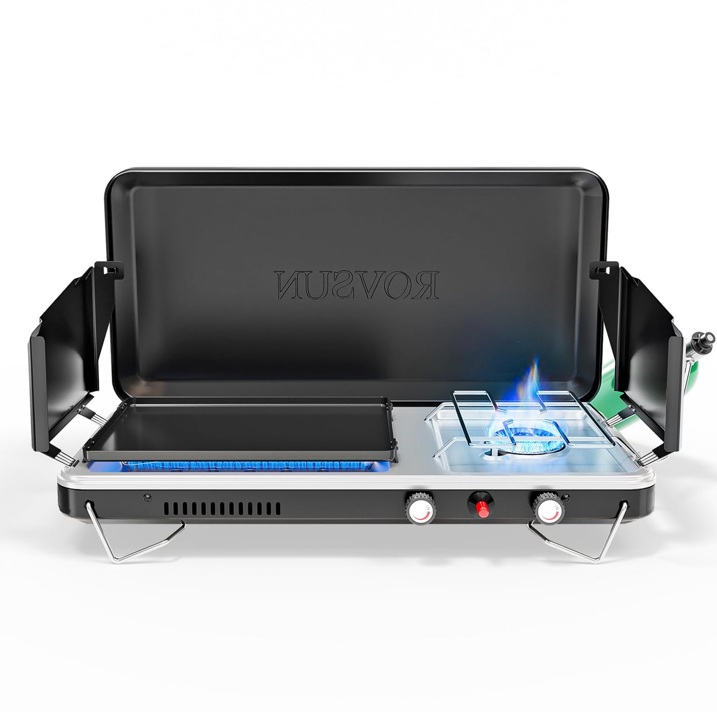 ROVSUN 2-in-1 Portable Camping Stove & Propane Oven with Piezo Igniter, 2 Burner Stove & Outdoor Oven with Adjustable Fire, Thermometer, Wind Panel & Regulator for Traveling, Tailgating (Black)