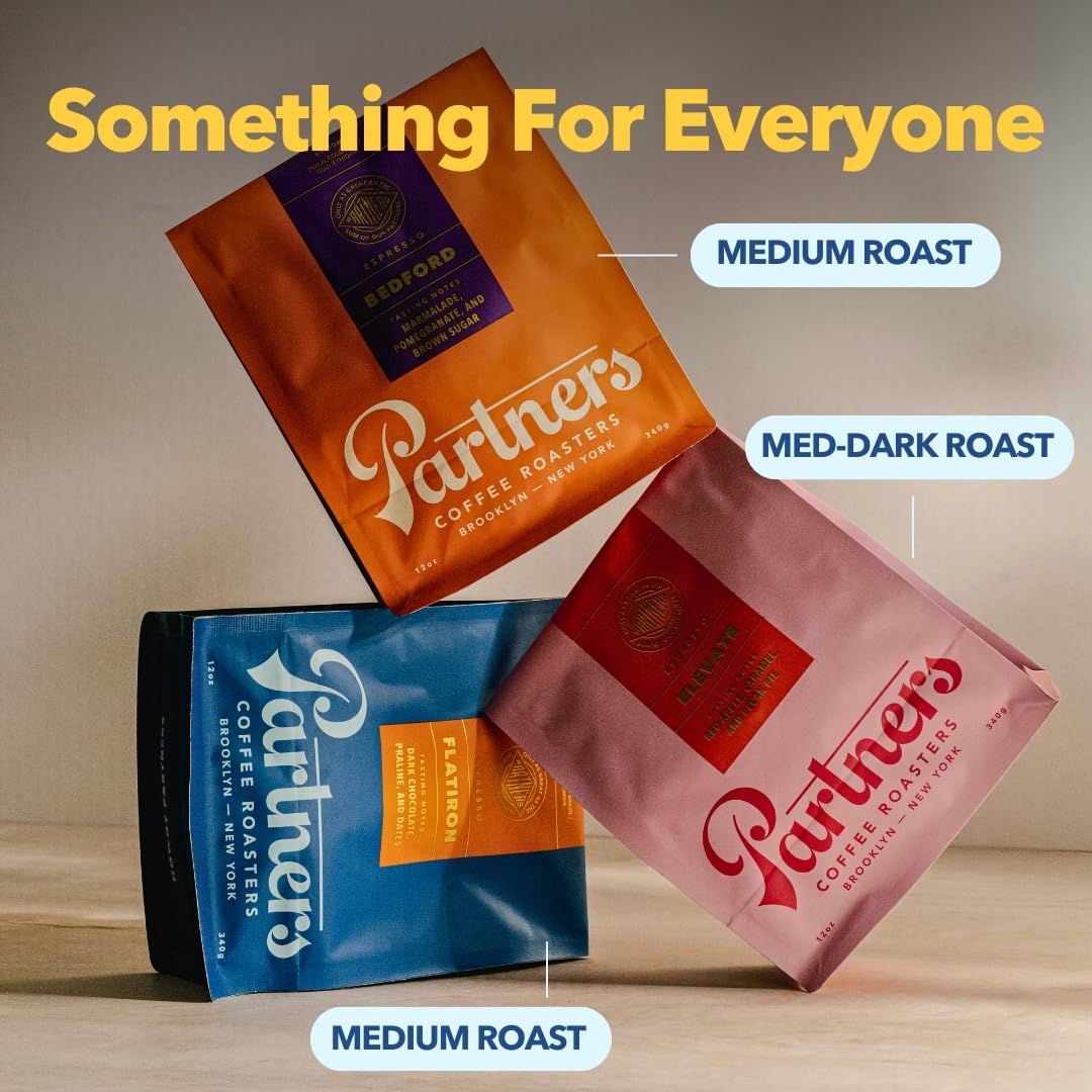 PARTNERS COFFEE ROASTERS - Whole Bean Coffee (Flatiron - Espresso, Medium-Dark Roast) 12oz - Classic Blend, Tastes Like Home - Dark Chocolate, Praline, Dates - Coffee Beans - Roasted in New York City