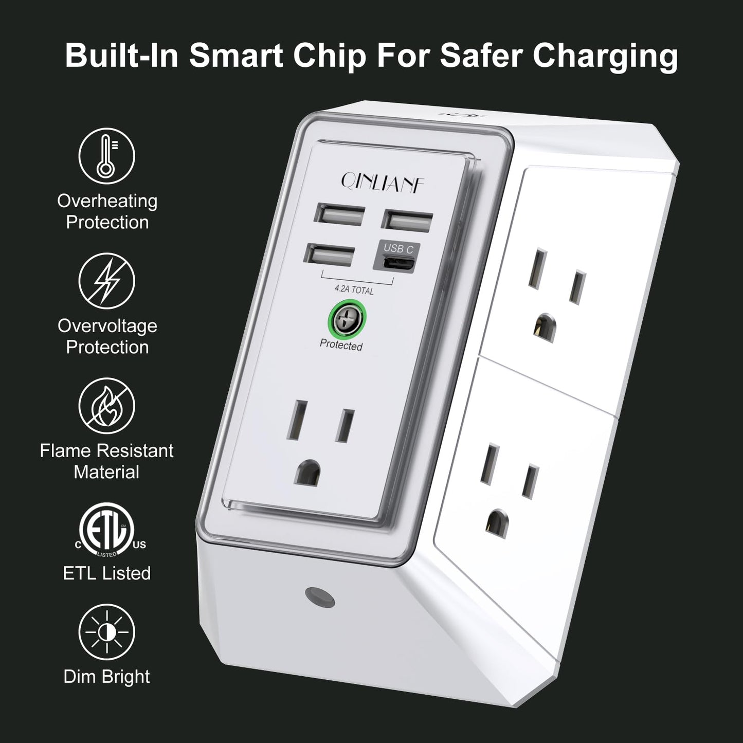 Wall Charger, Surge Protector, QINLIANF 5 Outlet Extender with 4 USB Charging Ports (4.8A Total) 3-Sided 1680J Power Strip Multi Plug Adapter Spaced for Home Travel Office (3U1C)