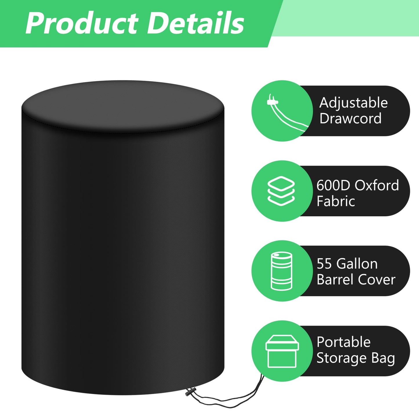 55 Gallon Rain Barrel Cover 420D Water Storage Barrel Cover Oxford Cloth 25 x 37 Inch Outdoor Waterproof Rain Snow Bucket Cover with Drawstring, UV Protection, Anti Dust (Black)