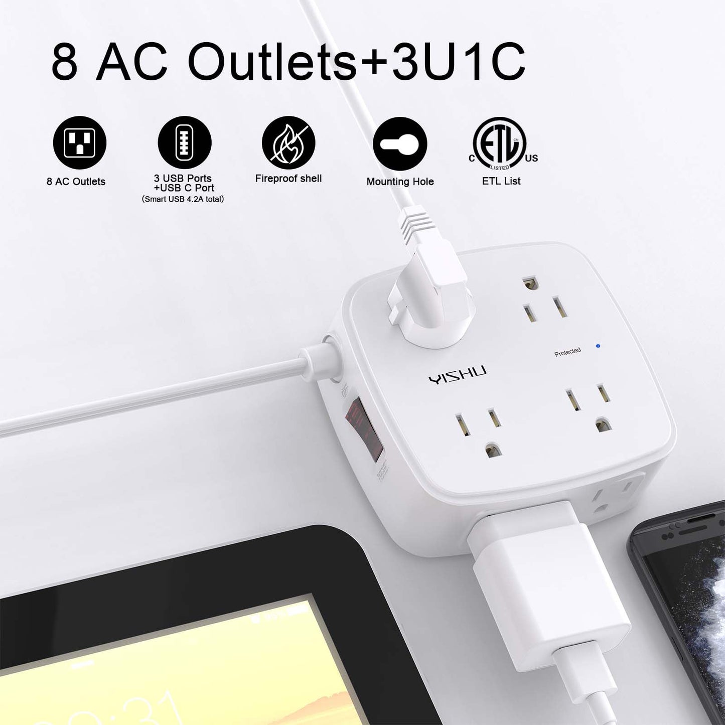 6 Ft Surge Protector Power Strip - 8 Widely Outlets with 4 USB Ports, 3 Side Outlet Extender with 6 Feet Extension Cord, Flat Plug, Wall Mount, Desk USB Charging Station, ETL,White
