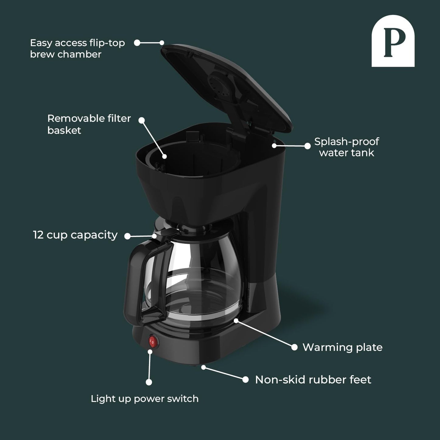 12-Cup Coffee Maker – Simple Drip Coffee Machine with Glass Carafe, Easy On/Off Operation, and Large Capacity – Perfect for Home or Office