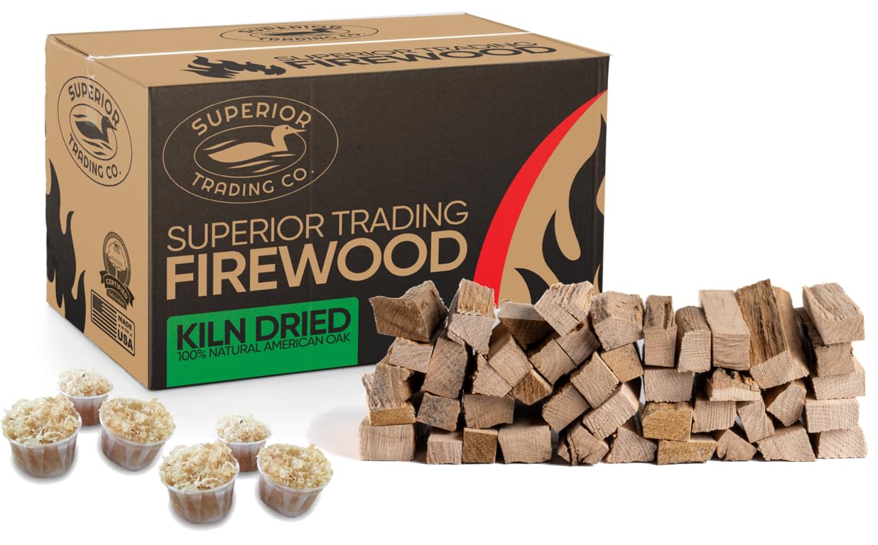 Superior Trading Oak Mini Fire Wood w/Fire Starter Pods, Winter Fireplace Starter, Wood Stove, USDA Cert 4-5” Kiln Dried Firewood, USA Made, 10-11 lbs in Plastic Storage Box