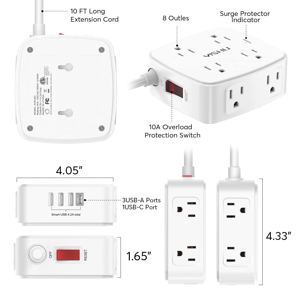 6 Ft Surge Protector Power Strip - 8 Widely Outlets with 4 USB Ports, 3 Side Outlet Extender with 6 Feet Extension Cord, Flat Plug, Wall Mount, Desk USB Charging Station, ETL,White