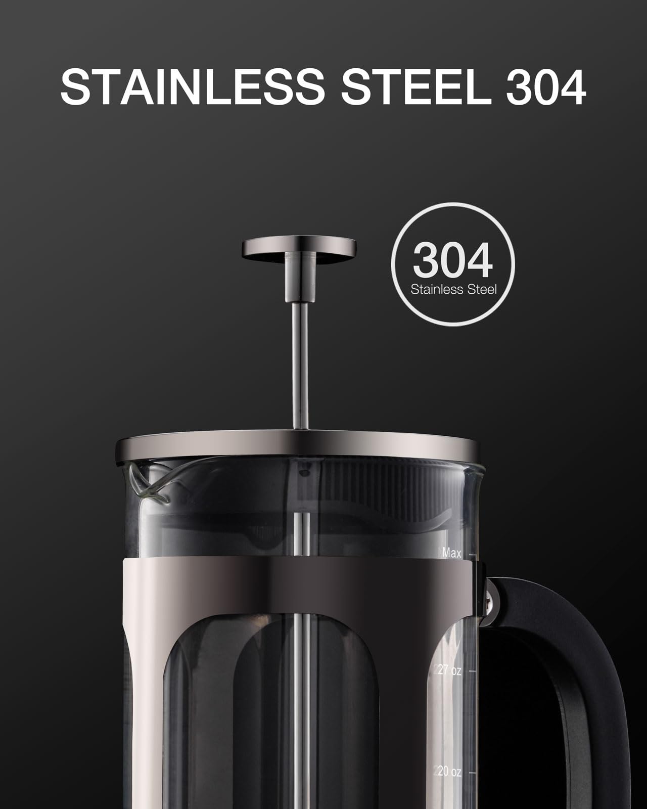 BAYKA French Press Coffee Maker, Large 304 Stainless Steel Coffee Press, Cold Brew Heat Resistant Thickened Borosilicate Coffee Pot for Camping Travel Gifts, 34 Ounce, Dark Pewter