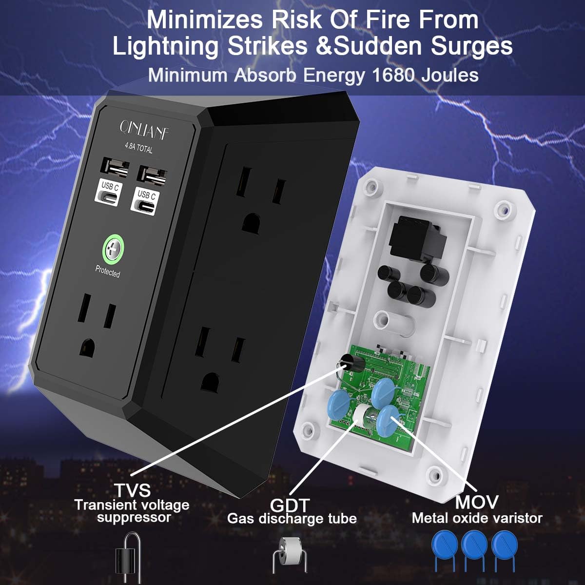 Wall Charger, Surge Protector, QINLIANF 5 Outlet Extender with 4 USB Charging Ports (4.8A Total) 3-Sided 1680J Power Strip Multi Plug Adapter Spaced for Home Travel Office (3U1C)