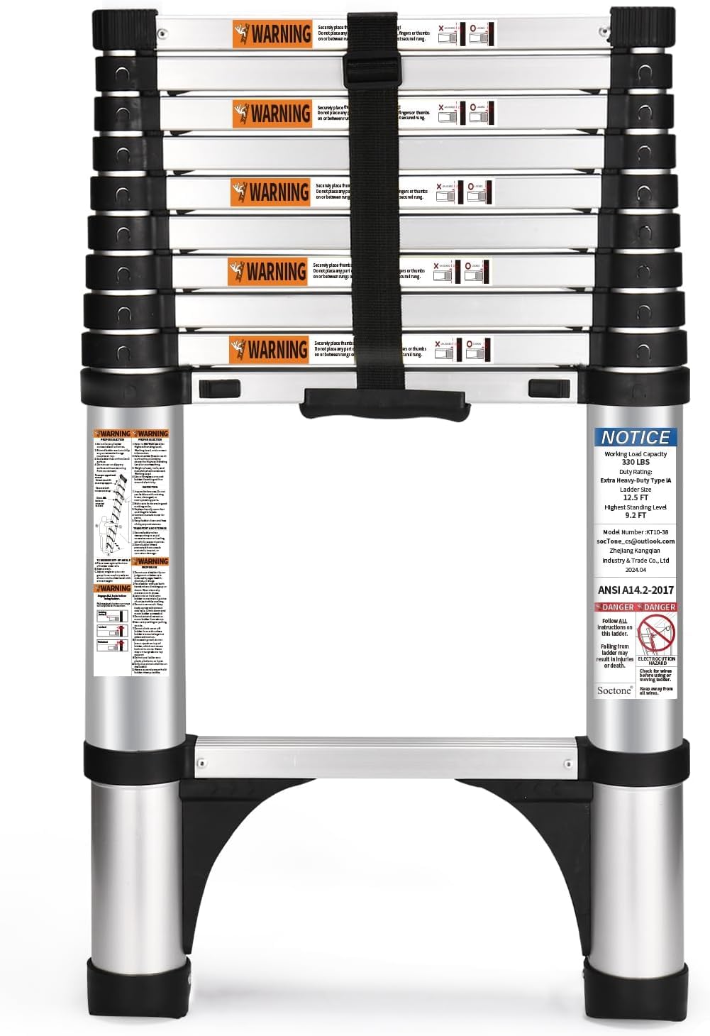 Telescoping Ladder, SocTone 12.5 FT Aluminum Lightweight Extension Ladder with 2 Triangle Stabilizers, Heavy Duty 330lbs Max Capacity, Multi-Purpose Collapsible Ladder for RV or Outdoor Work