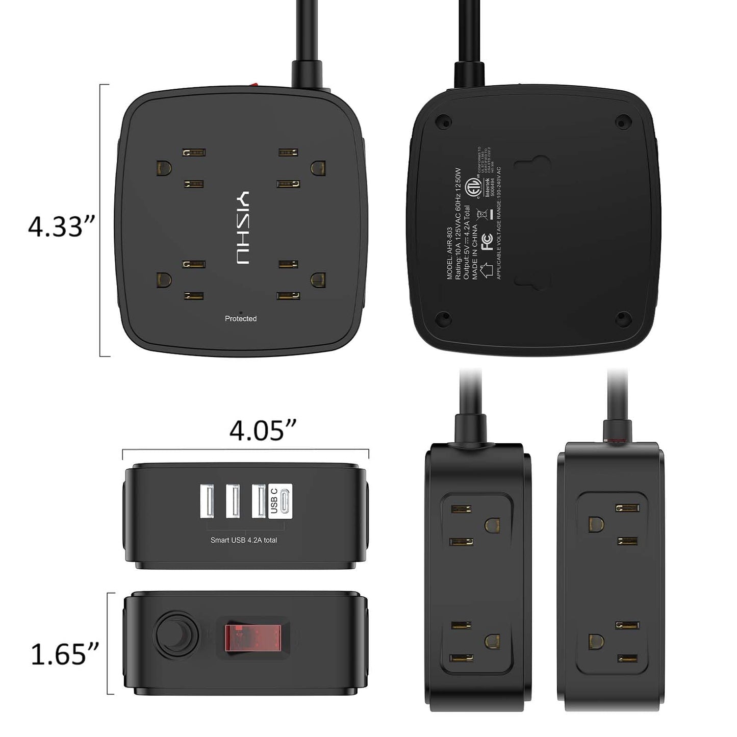 6 Ft Surge Protector Power Strip - 8 Widely Outlets with 4 USB Ports, 3 Side Outlet Extender with 6 Feet Extension Cord, Flat Plug, Wall Mount, Desk USB Charging Station, ETL,White