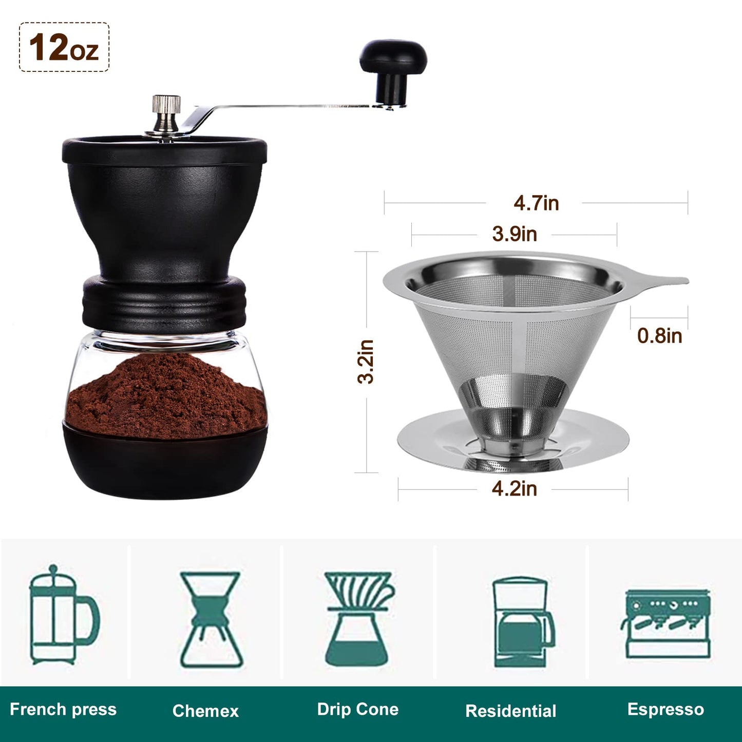 PARACITY Manual Coffee Bean Grinder with Ceramic Burr, Hand Coffee Grinder Mill Small with 2 Glass Jars( 11OZ per Jar) Stainless Steel Handle for Drip Coffee, Espresso, French Press, Turkish Brew