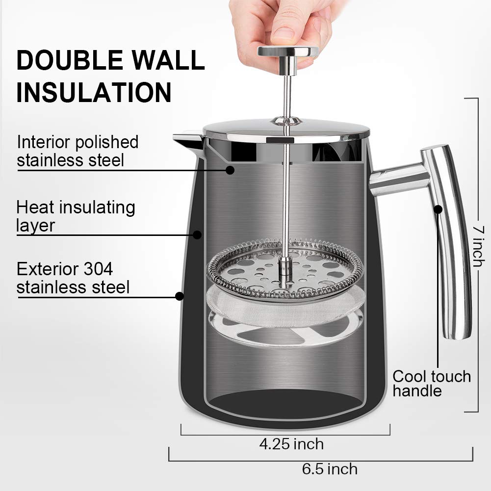 Secura French Press Coffee Maker, 50-Ounce, 304 Stainless Steel Insulated Coffee Press with Extra Screen