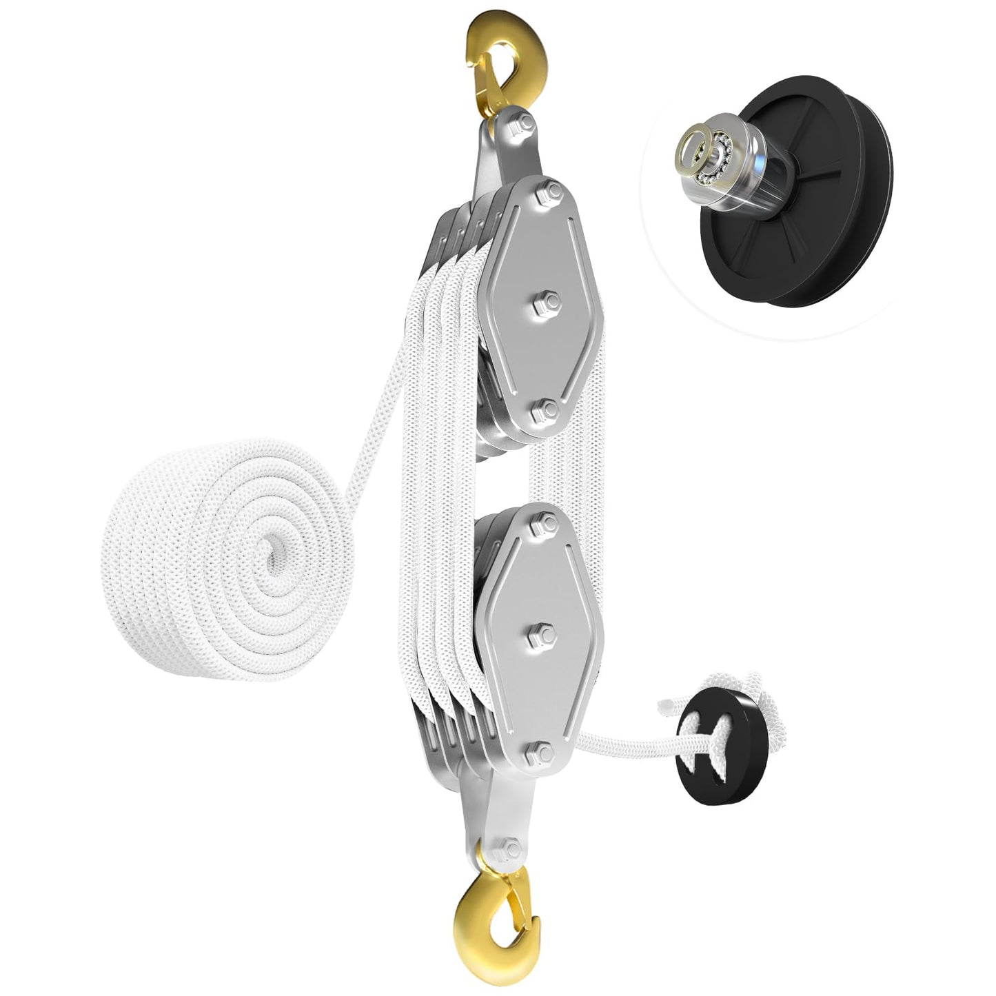 Rope Hoist Pulley System, 4400LB Pulley Block and Tackle, 8:1 Ratio Lifting Power 65ft, Heavy Duty Pulley Block for Lifting Pulling (with 2PCs Straps)